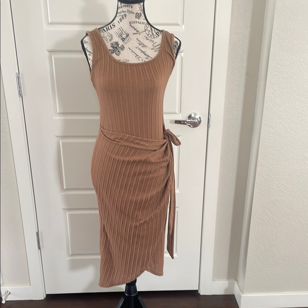 Brown Ribbed Tie Front Sheath Midi Dress